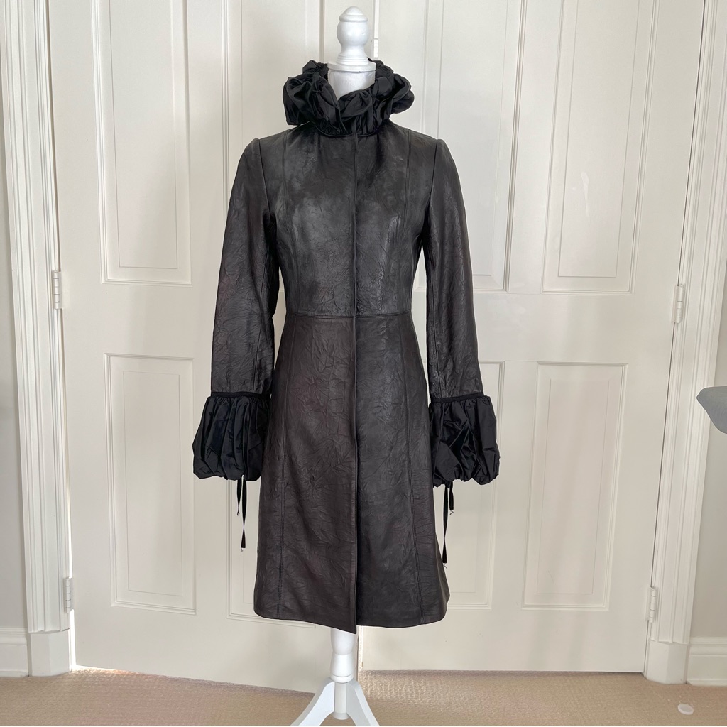 Thomas Wylde Black Lamb Leather Long Coat With Silk Ruffle Trim 4